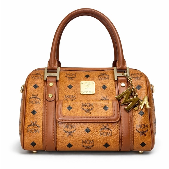 MCM Handbags - MCM Vintage Cognac Visetos Monogram Boston Satchel Bag with Gold Logo Plate